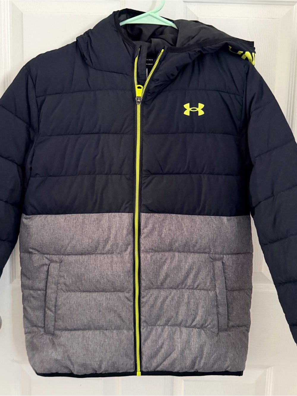 Under Armour Boys Black and Gray Puffer Jacket with Neon Yellow Accents